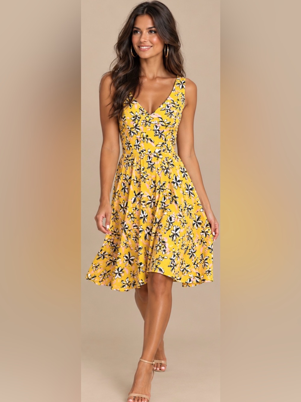 Banana Republic Floral Print Yellow V-Neck Pleated Dress Size 4